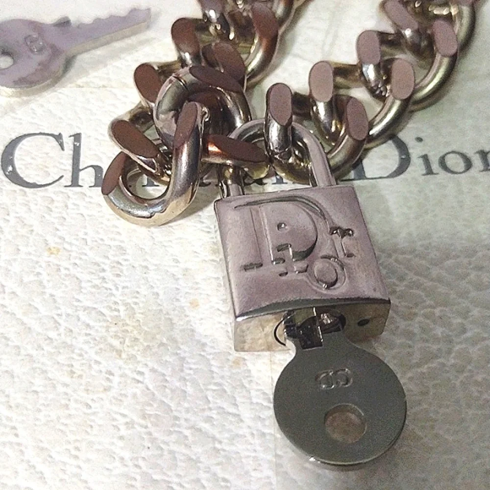 CHRISTIAN DIOR SilverTone Padlock Curb Link Chain Bracelet with 2 Keys 🎁